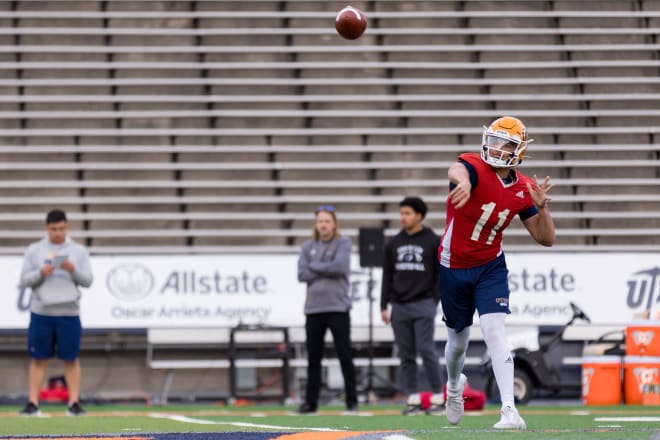 UTEP quarterback Cade McConnell fires a pass in practice