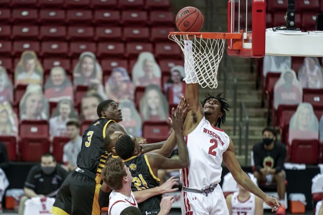 Wisconsin senior Aleem Ford goes in for a dunk against Arkansas Pine Bluff