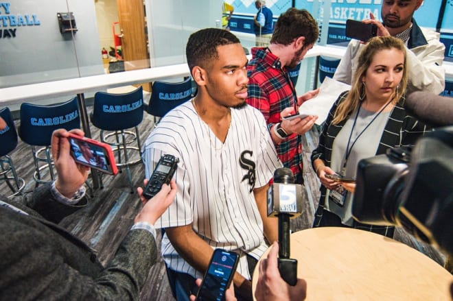 Garrison Brooks and three other Tar Heels discuss their 75-61 victory over Elon on Wednesday night at the Smith Center.