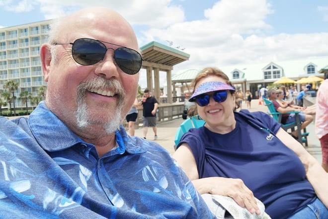 First of all, you're right, I did need to shave. But either way that's us, six weeks short of our 39th anniversary, on the Folly Beach pier just outside Charleston, South Carolina. We had a blast and all I can tell you when my lunch was served that (lightly, of course) fried calamari never stood a chance...