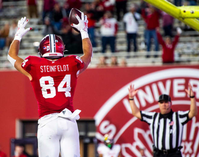 Steinfeldt celebrates a touchdown in the 2022 matchup versus Maryland in Bloomington. It was the only score of his IU career.