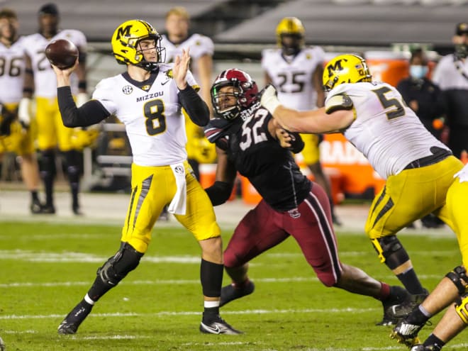 Missouri Tigers quarterback Connor Bazelak (8) passes the ball against the South Carolina Gamecocks in the second quarter at Williams-Brice Stadium. Mandatory Credit: Jeff Blake-USA TODAY Sports