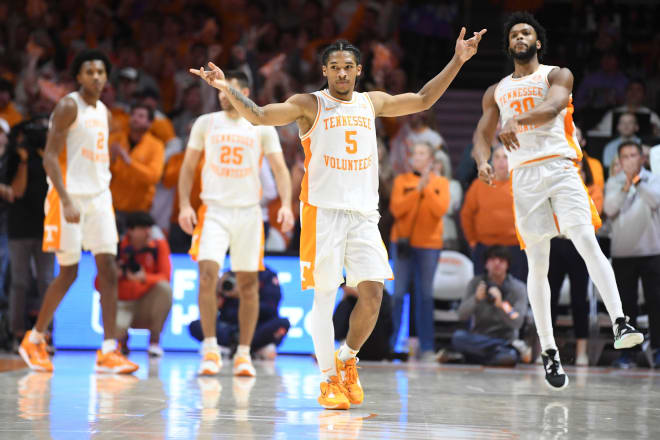 Tennessee guard Zakai Zeigler (5) reacts at the end of an NCAA college basketball game between the Auburn Tigers and the Tennessee Volunteers in Thompson-Boling Arena in Knoxville, Saturday Feb. 4, 2023. Tennessee defeated Auburn 46-43.