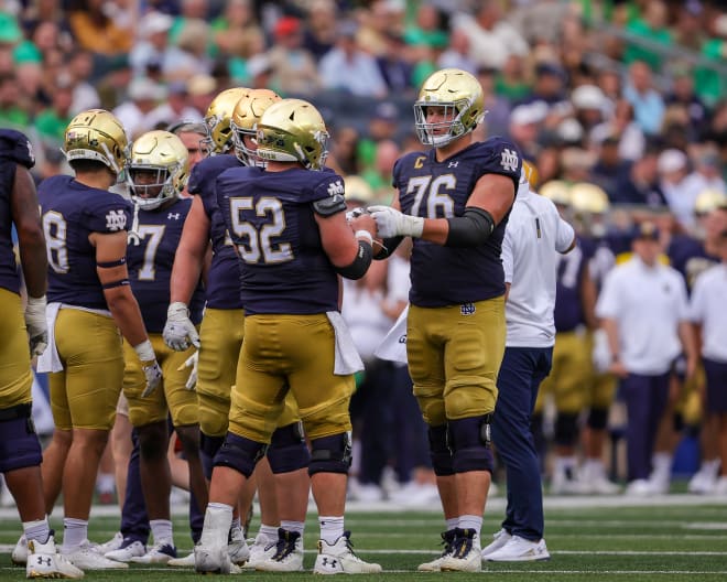 Junior offensive tackle Joe Alt (76) missed out on some prestigious individual awards this week, but not a spot on the Walter Camp All-America team.