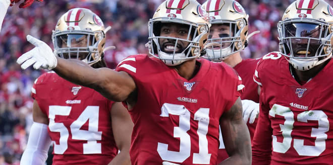 San Francisco 49ers' Raheem Mostert (31) celebrates with teammates after recovering a fumble against the Minnesota Vikings during the second half of an NFL divisional playoff football game, Saturday, Jan. 11, 2020, in Santa Clara, Calif. 
