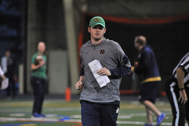 Notre Dame offensive coordinator Tommy Rees at practice
