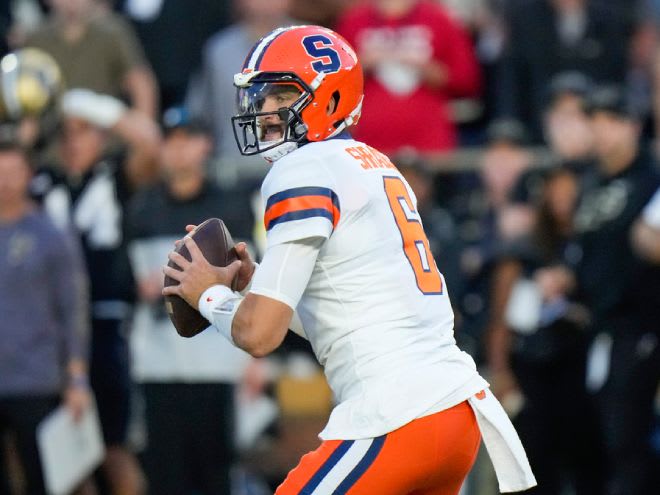 Syracuse quarterback Garrett Shrader (6) looks to throw a pass against Purdue during the first half of an NCAA college football game in West Lafayette, Ind., Saturday, Sept. 16, 2023. (AP Photo/AJ Mast)