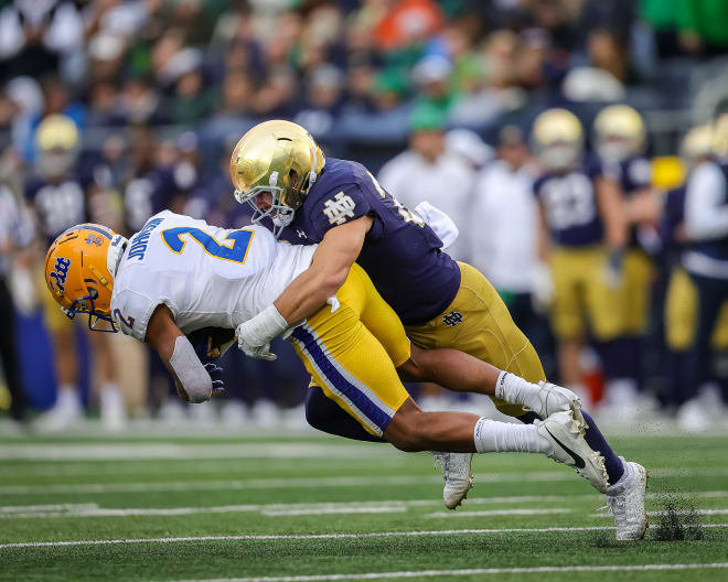 Notre Dame linebacker Jack Kiser (right) again was remarkably production in 2023, despite limited opportunities.