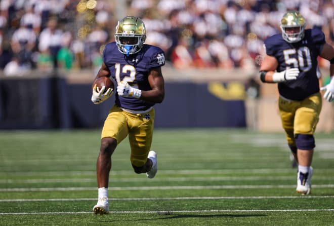 Freshman Jeremiyah Love (12) has positioned himself to vie to be Notre Dame's No. 1 running back in 2024. 
