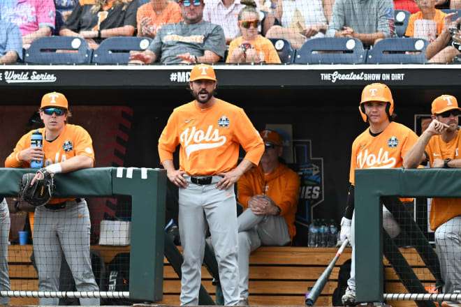 Jun 19, 2024; Omaha, NE, USA; Tennessee Volunteers head coach Tony Vitello watches action against the Florida State Seminoles during the third inning at Charles Schwab Field Omaha.