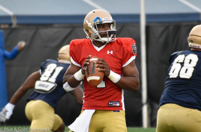 Brandon Wimbush and his teammates practiced outdoors on Wednesday morning.