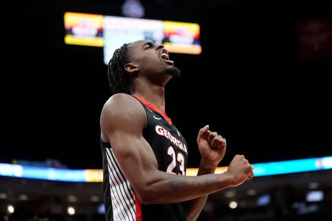 Jalen DeLoach celebrates Georgia's win over Ohio State to advance to the NIT Final Four.