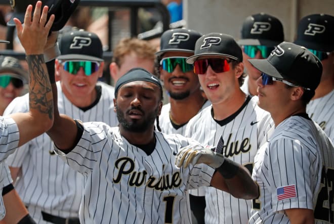 Purdue Boilermakers outfielder Mike Bolton Jr. (1) celebrates after scoring during the NCAA baseball game against the Indiana Hoosiers, Sunday, May 5, 2024, at Alexander Field in West Lafayette, Ind.