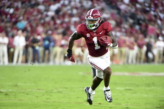 Alabama Crimson Tide running back Jahmyr Gibbs (1) runs against the Utah State Aggies in the first half at Bryant-Denny Stadium. Photo |  Gary Cosby Jr.-USA TODAY Sports