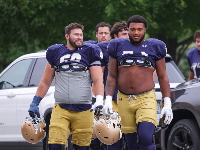 Guard Rocco Spindler, left, and tackle Blake Fisher have reunited on Notre Dame's right side of the starting offensive line.