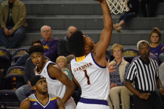 Jayden Gardner gets two of his game high 28 points on this dunk in the first half of ECU's 76-64 win over Prairie View.
