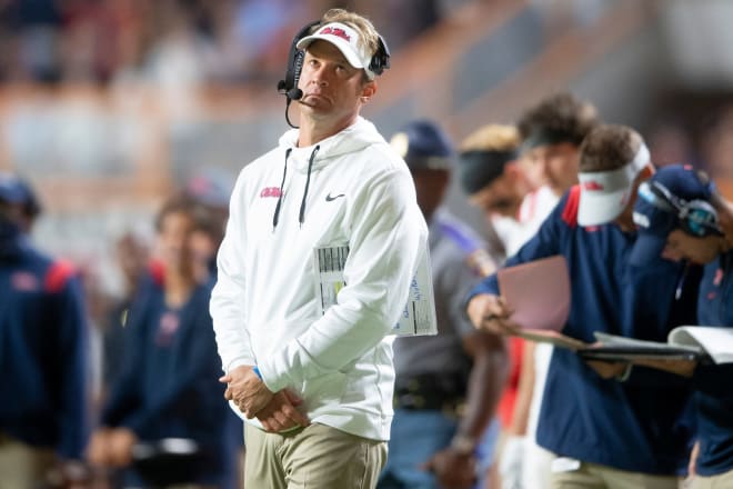 Lane Kiffin looks at the scoreboard during Ole Miss' 31-26 win over Tennessee Saturday.