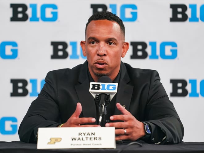 Jul 27, 2023; Indianapolis, IN, USA; Purdue Boilermakers head coach Ryan Walters speaks to the media during the Big 10 football media day at Lucas Oil Stadium. Mandatory Credit: Robert Goddin-USA TODAY Sports © Robert Goddin-USA TODAY Sports