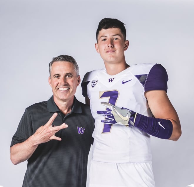 UW head coach Chris Petersen (left) with four-star TE Cole Taylor (right). 