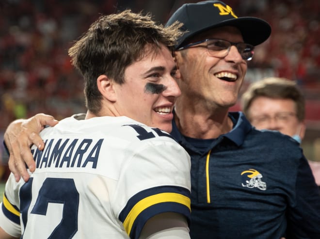 Michigan head coach Jim Harbaugh and quarterback Cade McNamara are 6-0