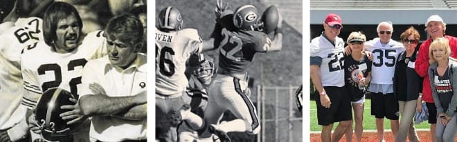 No. 22 Dick Conn (L to R): With the Pittsburgh Steelers as an NFL rookie in 1974; breaks up a pass in 1972 vs. Georgia Tech; at a recent G-Day lettermen’s flag football game.