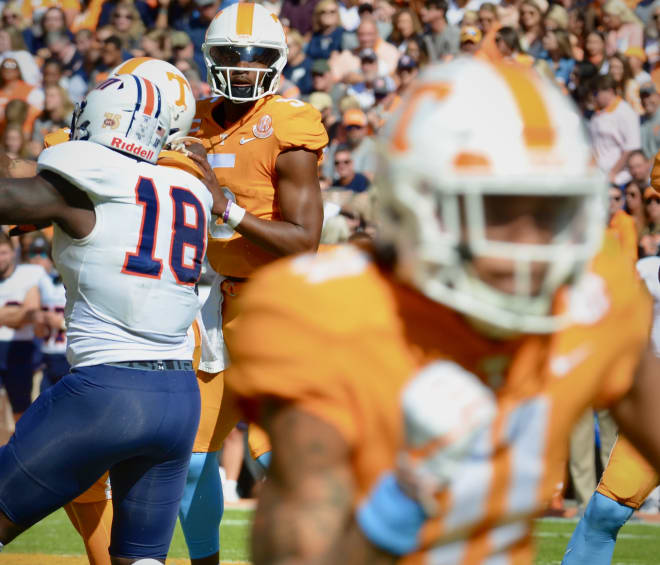 Tennessee quarterback Hendon Hooker (5) looks downfield during the Vols' emphatic Homecoming win over UT Martin on Saturday, October 22, 2022, at Neyland Stadium in Knoxville, Tenn. 