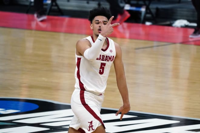 Alabama Crimson Tide guard Jaden Shackelford (5) reacts in the second half against the Maryland Terrapins in the second round of the 2021 NCAA Tournament at Bankers Life Fieldhouse. Photo | Imagn