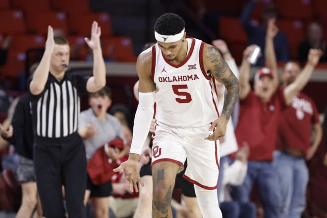 Oklahoma Sooners guard Rivaldo Soares (5) gestures after scoring a three point basket 
