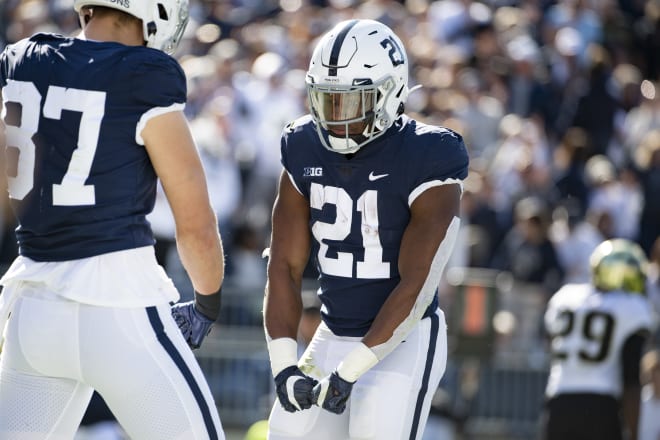 Nittany Lions tailback Noah Cain (21) made waves in the Big Ten as a freshman and will likely still be a big fixture in PSU's offense come 2021.