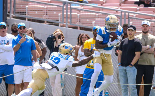 UCLA freshman wide receiver Kwazi Gilmer makes a catch in the Bruins’ spring showcase at the Rose Bowl in late April.