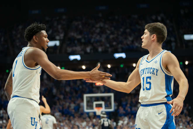 Kentucky Wildcats guard Justin Edwards (1) celebrates a play with guard Reed Sheppard (15) during their game on Saturday, Feb. 10, 2024 at Rupp Arena.