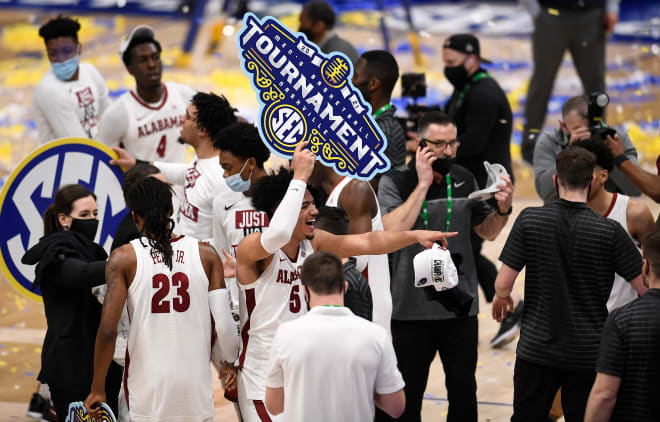 Alabama celebrates their 80 to 79 win against LSU in the SEC Men's Basketball Tournament Championship game at Bridgestone Arena Sunday, March 14, 2021 in Nashville, Tenn. Photo | USA TODAY