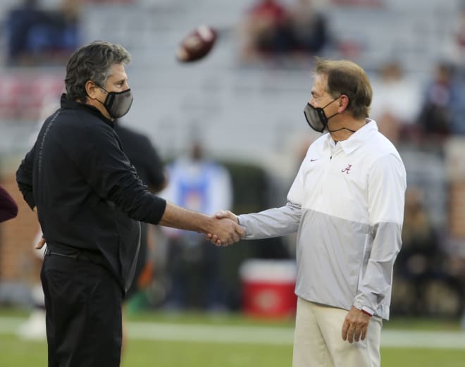 Mississippi State head coach Mike Leach and Alabama head coach Nick Saban greet each other before the game at Bryant-Denny Stadium. Photo | Gary Cosby Jr/The Tuscaloosa News via USA TODAY Sports