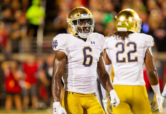 Notre Dame linebacker Jeremiah Owusu-Koramoah (No. 6) came to Notre Dame as a three-star prospect and left as the program third Butkus Award winner in the last decade.