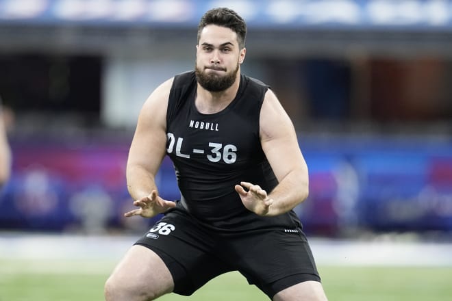 Former Notre Dame offensive lineman Jarrett Patterson runs a drill Sunday at the NFL Combine in Indianapolis.
