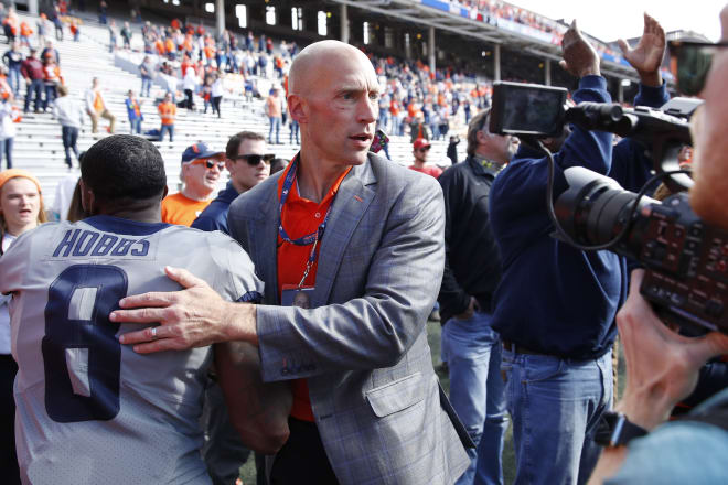 Illinois Fighting Illini director of athletics Josh Whitman looks on after the game against the Wisconsin Badgers at Memorial Stadium on October 19, 2019 in Champaign, Illinois. Illinois defeated Wisconsin 24-23.