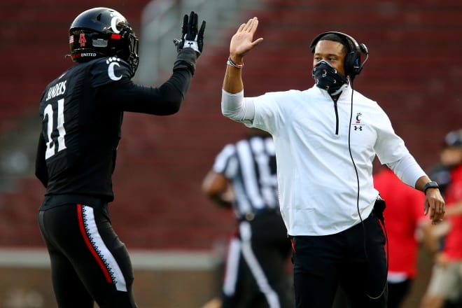 Notre Dame Fighting Irish football defensive coordinator Marcus Freeman during his time at Cincinnati