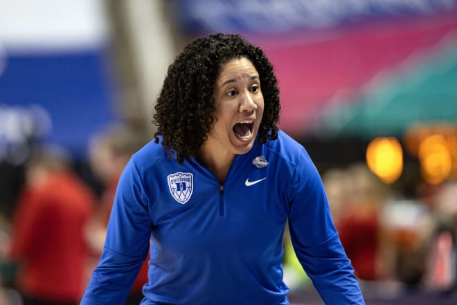 Mar 8, 2024; Greensboro, NC, USA; Duke Blue Devils head coach Kara Lawson reacts to an officials call in the second half against the NC State Wolfpack at Greensboro Coliseum.