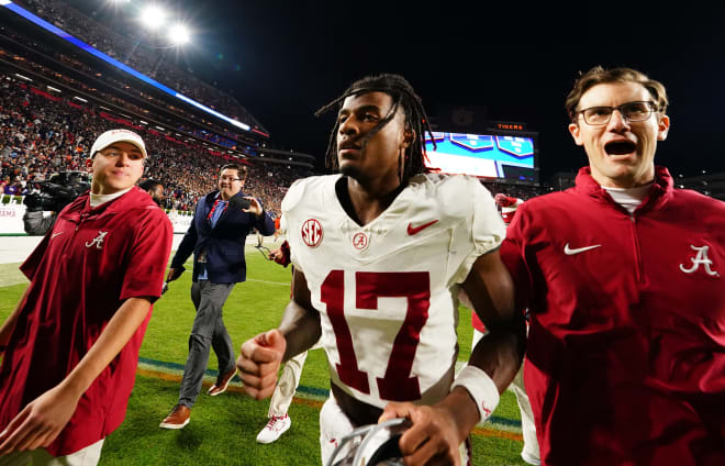 Alabama Crimson Tide wide receiver Isaiah Bond (17) runs off the field after their 27-24 victory over the Auburn Tigers at Jordan-Hare Stadium. Photo | John David Mercer-USA TODAY Sports