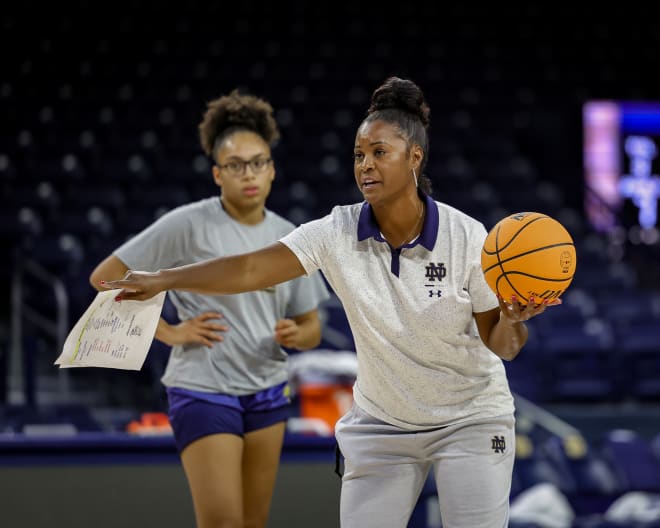 ND third-year head coach Niele Ivey (right) is putting an emphasis on defense this season for Olivia Miles (left) at the rest of the Irish.