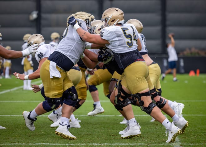 Notre Dame's offensive linemen run a drill Tuesday during preseason training camp practice.