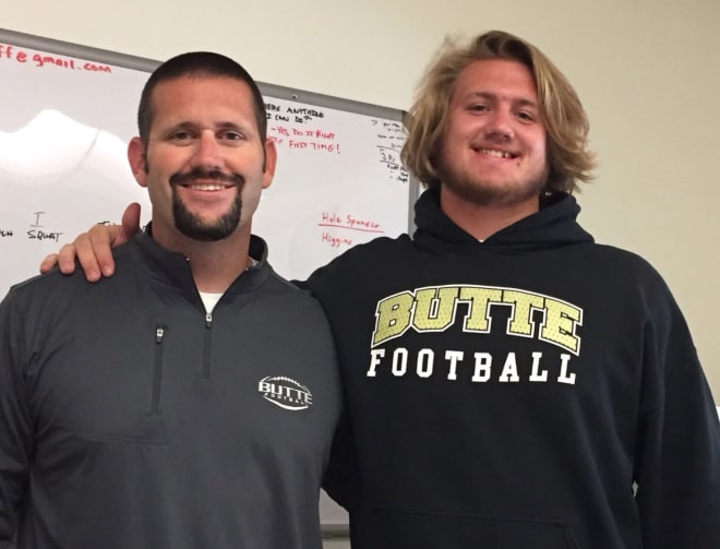 Butte College head coach Rob Snelling with new Colorado offensive lineman Kary Kutsch
