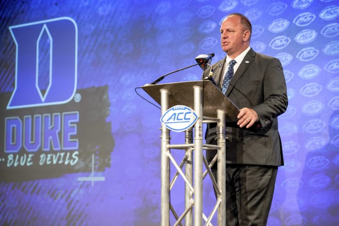 Coach Mike Elko speaks during last week's ACC Kickoff in Charlotte. 