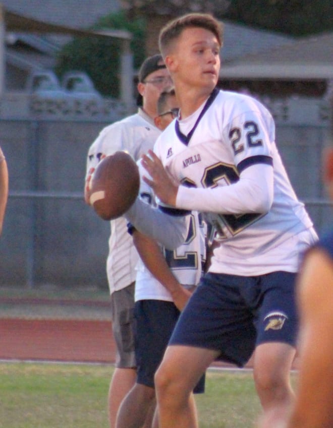 Apollo quarterback Brendan Penberthy looks to make a throw during the Hawks' Blue & Gold Game on Friday night.  The 6-4, 185-pound QB has played in seven varsity games over the past two seasons.