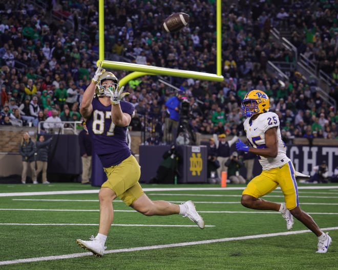 Notre Dame tight end Cooper Flanagan (87) hauls in his lone college catch to date, a 19-yard TD reception Oct. 28 against Pittsburgh.