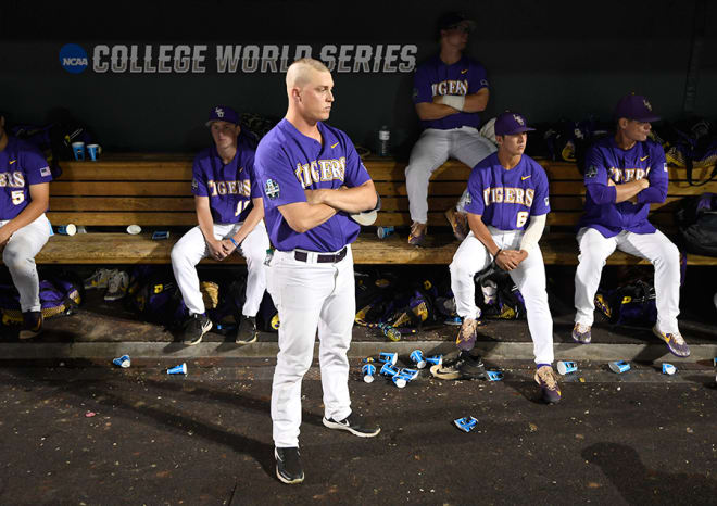 LSU doesn't want to repeat this scene from the 2017 College World Series championship finals as dejected Tigers' players watch Florida celebrate winning the national title over LSU in a two-game sweep.