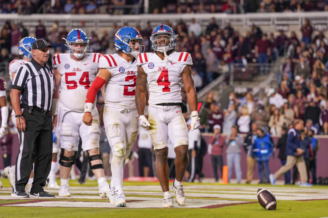 Ole Miss running back Quinshon Judkins (4) celebrates with quarterback Jaxson Dart (2) after a touchdown run against Texas A&M in the second half at Kyle Field. Photo | Daniel Dunn-USA TODAY Sports