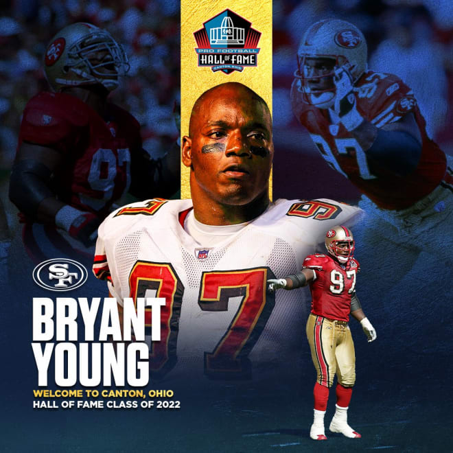 Former Notre Dame All-American Bryant Young was one of eight new members of the Pro Football Hall of Fame announced on Thursday night.