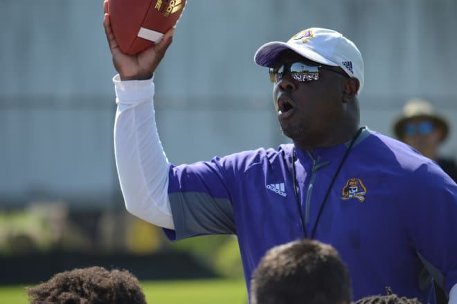 ECU running back coach and former Pirate wide receiver Jason Nichols fires up the offense at Hight Field.