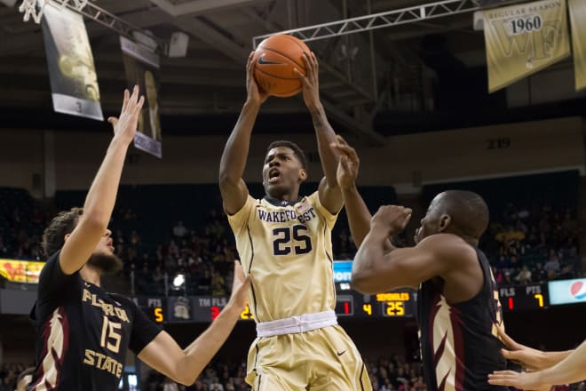 Cornelius Hudson drives to the bucket in the first half of a 91-71 Wake Forest loss to Florida State